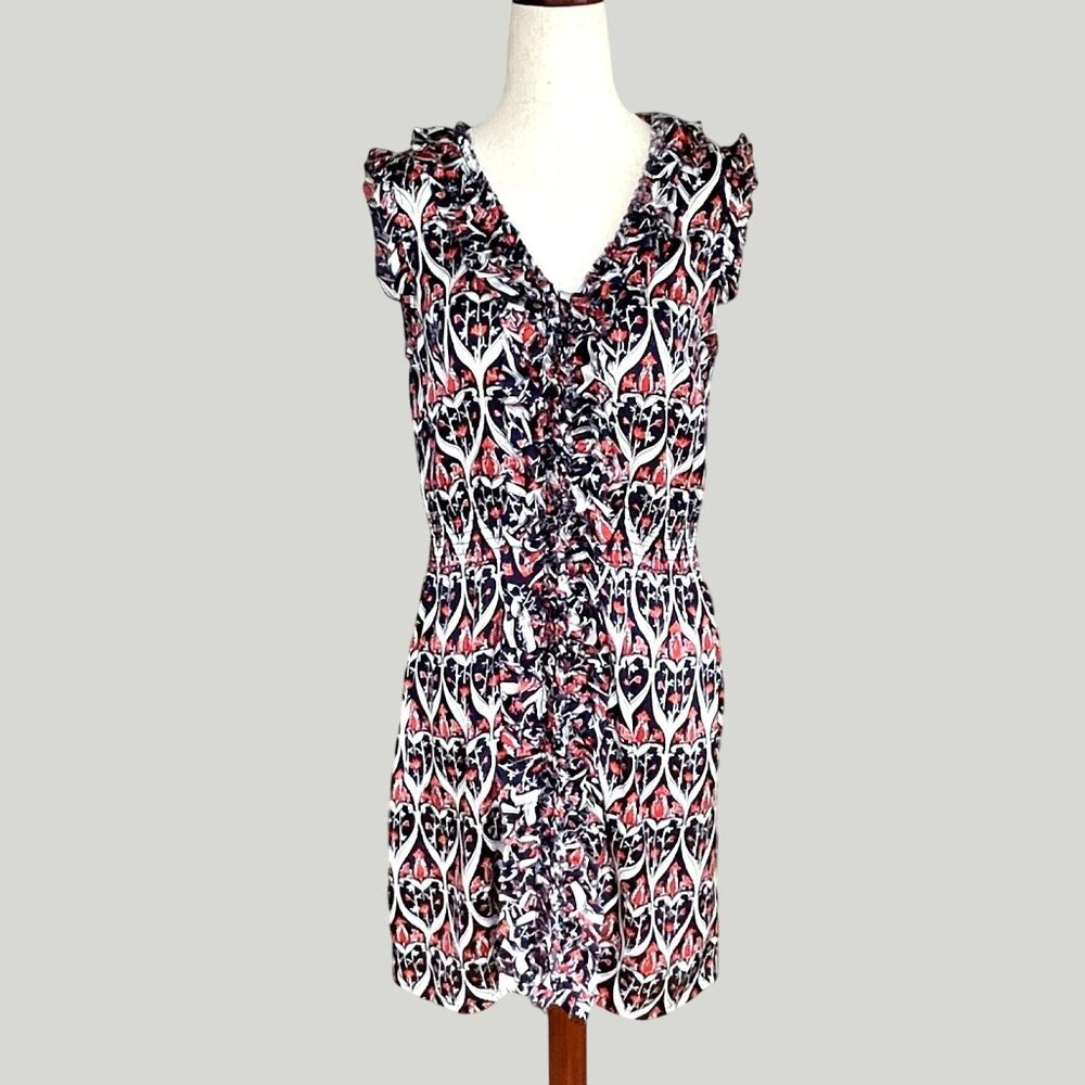 THML Anthropologie Sleeveless V-neck Ruffle Trim Print Shift Mini Dress Sz Small